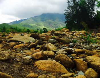 Scenic view of river against cloudy sky