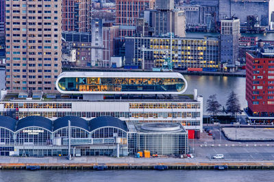 Aerial view of wilhelmina pier with various old and new buildings