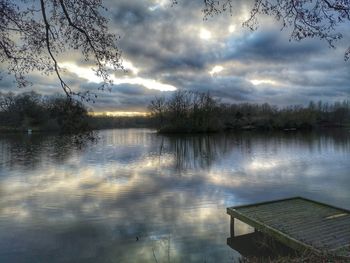 Scenic view of lake against sky at sunset