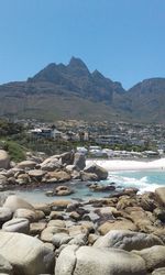 Scenic view of beach against clear sky