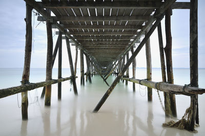 View of pier from underneath at beach against sky