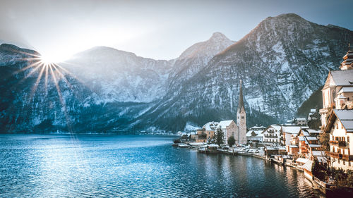 Panoramic view of buildings on mountain against sky