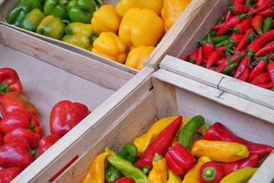 High angle view of fruits and vegetables in container