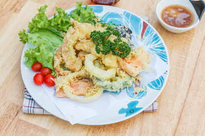 High angle view of breakfast served on table