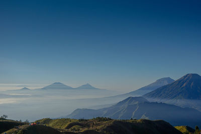 Scenic view of snowcapped mountains against clear blue sky