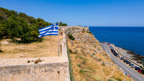 Scenic view of sea against clear blue sky in rethymno, crete