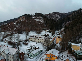 High angle view of townscape and buildings in winter
