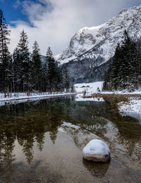 Scenic view of lake by snowcapped mountains against sky