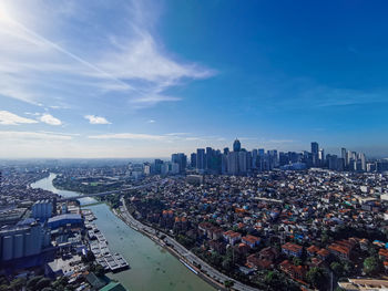 High angle view of cityscape against sky