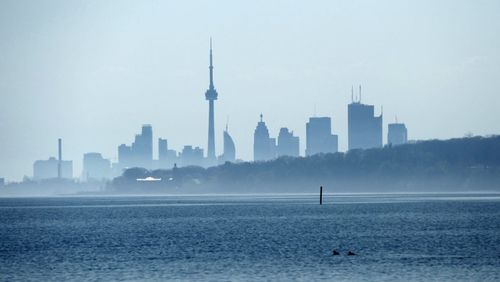 City skyline with river in background