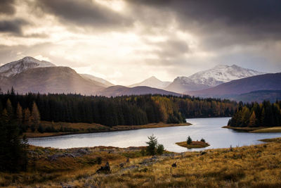 Scenic view of lake and mountains against sky