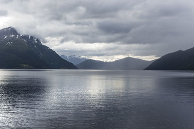 Scenic view of lake by mountains against sky