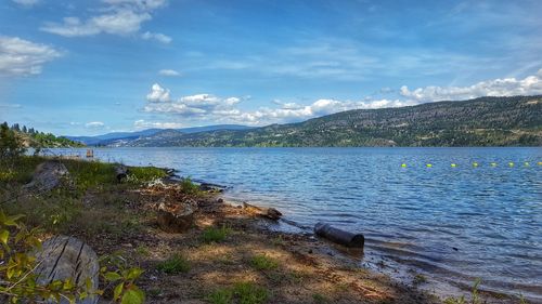 Scenic view of lake by mountains against sky