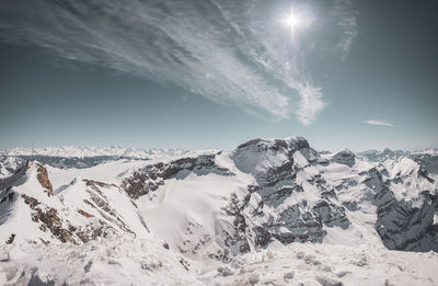 Snow covered winter alpine scenery. snow and ice on the high glacier ridges of the swiss alps. 