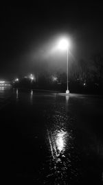 Illuminated street lights by lake against sky at night