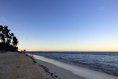 Scenic view of beach against clear blue sky