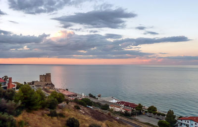 Aerial view of roseto capo spulico during a beautiful sunset over the sea