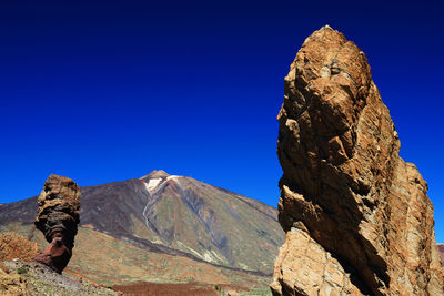 Rock formations at el teide national park against clear blue sky