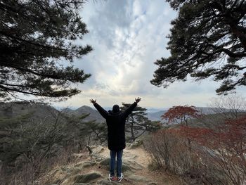 Rear view of man standing on mountain against sky.  