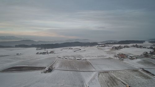 High angle view of field against sky