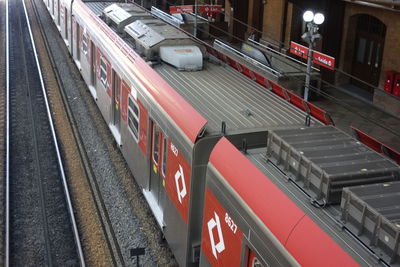 High angle view of train at railroad station