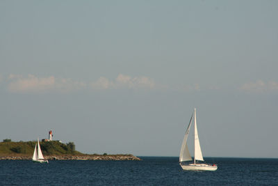 Sailboat sailing on sea against sky