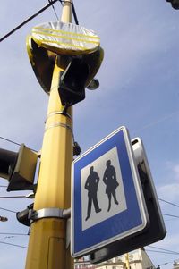 Low angle view of road sign against sky