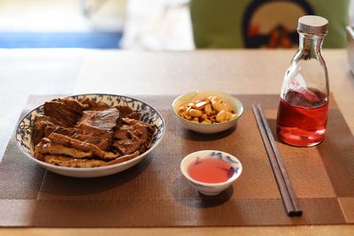 Close-up of food served on table