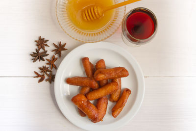 High angle view of breakfast on table