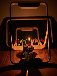 Close-up of illuminated candles on table