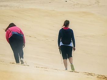 Rear view of friends walking on sand at beach