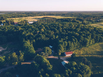 High angle view of trees and buildings against sky