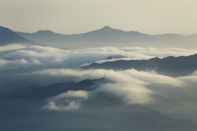 Scenic view of mountains against cloudy sky