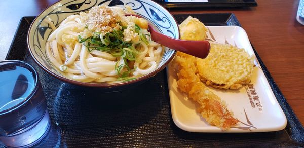 High angle view of food served on table