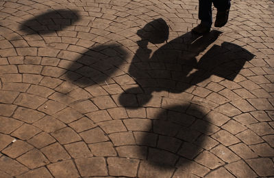 Low section of people walking on cobblestone street