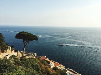 High angle view of sea against clear sky