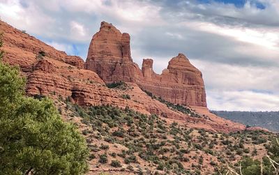 Rock formations on landscape against cloudy sky