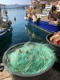 High angle view of fishing boats moored in sea