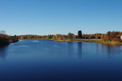 Scenic view of lake against clear blue sky