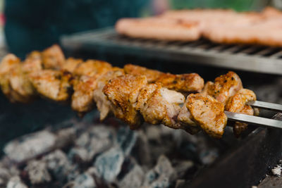 Shish kebab made from marinated chicken and cooked on barbecue grill over charcoal.