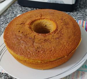 High angle view of cake in plate on table