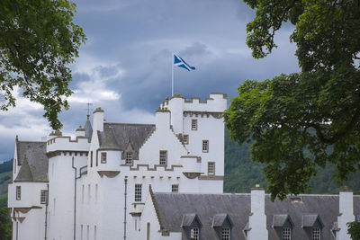 Low angle view of buildings against sky,blair castle in scottish highlands