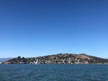 Scenic view of sea against clear blue sky