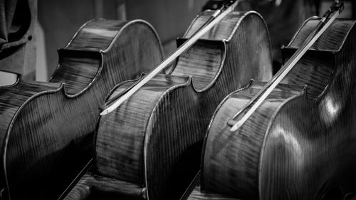 Close-up of violins in store