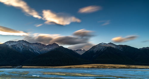 Scenic view of snowcapped mountains against sky during sunset