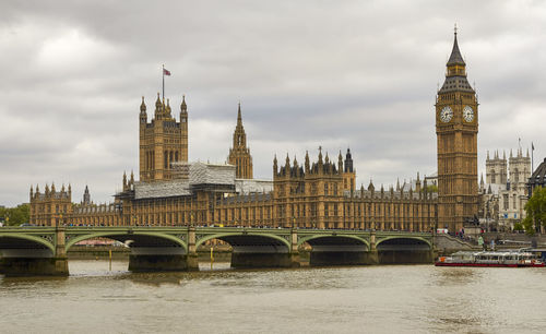 Bridge over river with buildings in background