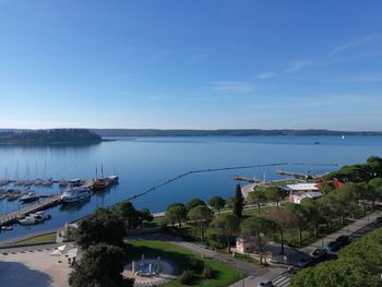 High angle view of sea against blue sky