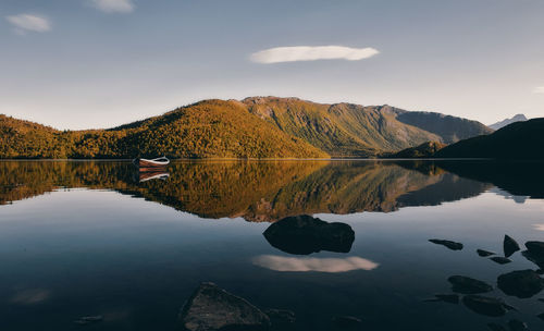 Scenic view of lake and mountains against sky