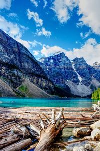 Scenic view of lake by mountains against sky