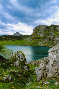 Scenic view of lake against cloudy sky